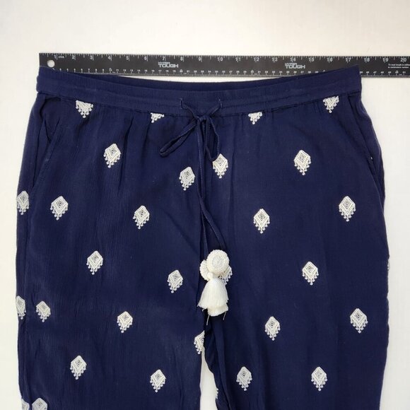 Sundance Giselle Wide Leg Crop Pant L Navy Blue Embroidered Pull On Tassel Boho - Picture 6 of 10